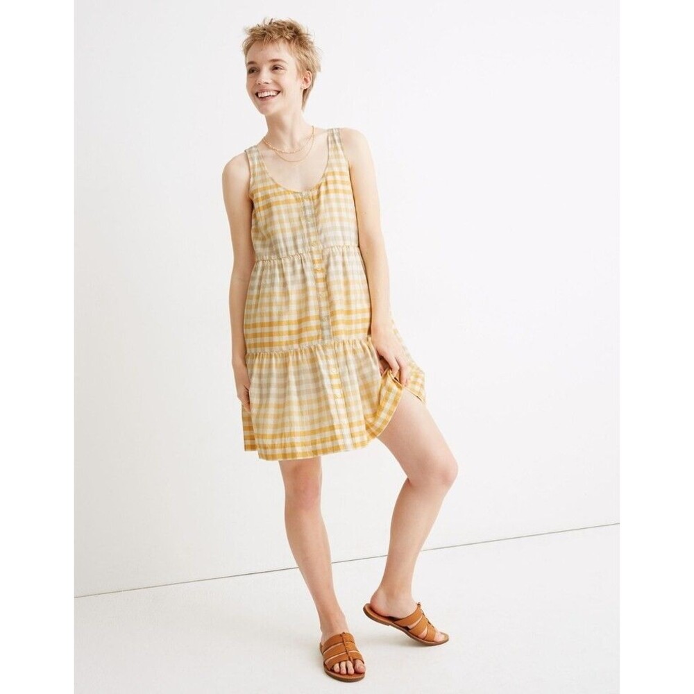 Madewell Button-Front Tiered Mini Dress Yellow Gingham Plaid Size L NWOT